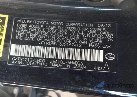 2013 Lexus Ct 200H from USA, damaged, VIN JTHKD5BH3D2167412